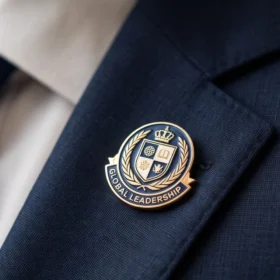 Pin e Botton de lapela em metal personalizado aplicado em terno corporativo escuro