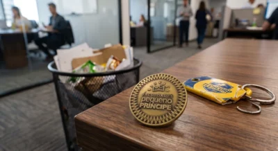 Contraste entre um brinde descartável de plástico quebrado e um pin de lapela de metal premium da Astridoro.