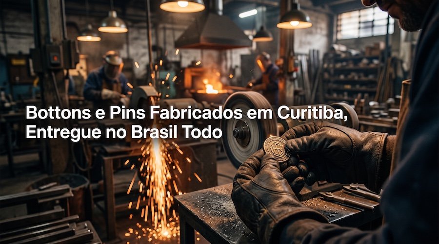 Artesão polindo um pin de lapela de metal em fábrica de Curitiba que atende empresas de todo o Brasil