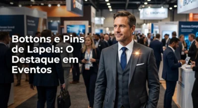 Executivo de terno vestindo um pin de lapela de metal brilhante em destaque num pavilhão lotado de feira de negócios corporativa