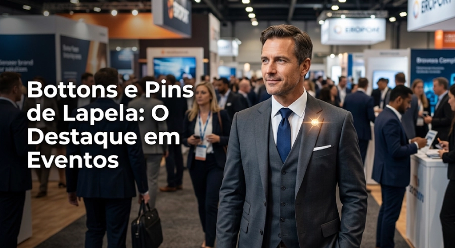 Executivo de terno vestindo um pin de lapela de metal brilhante em destaque num pavilhão lotado de feira de negócios corporativa